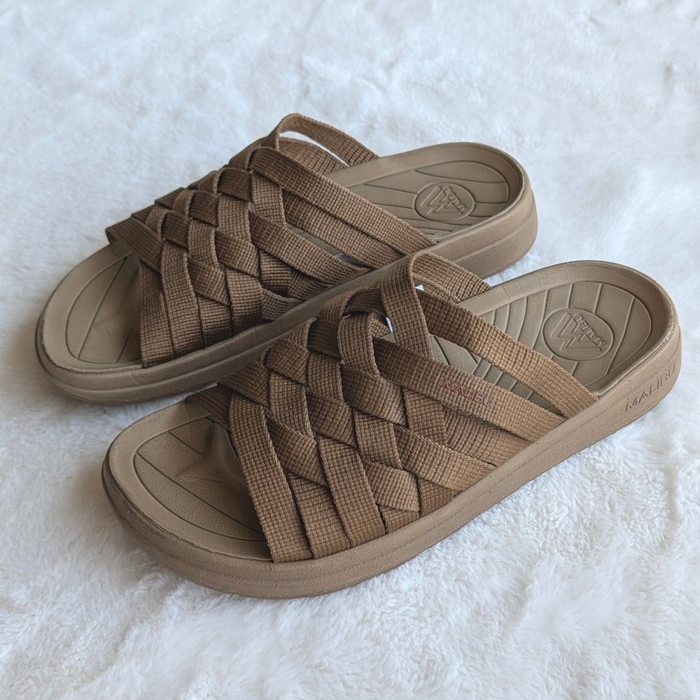 Malibu Sandals Colony Classic Woven Nylon Slides Tan Mens 8 Vegan Water Friendly